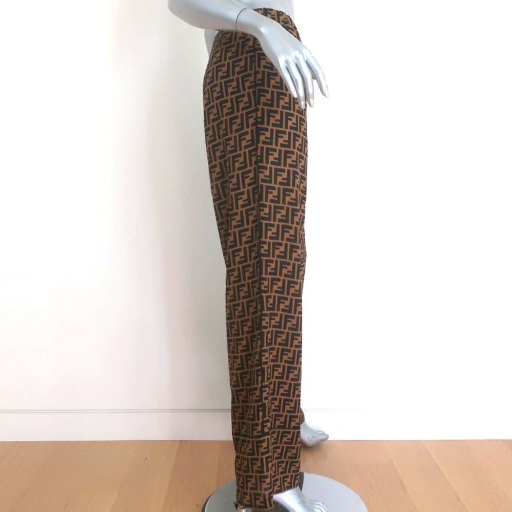 Fendi FF Logo Print Pajama Trousers Brown/Black Silk Twill Size 44 - Picture 5 of 10